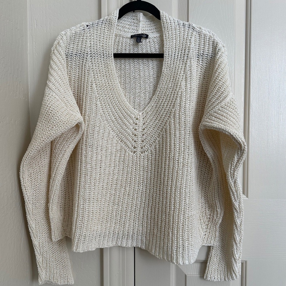 Eileen Fisher Organic Cotton Linen Blend V-Neck Mesh Knit Sweater XL Bone White